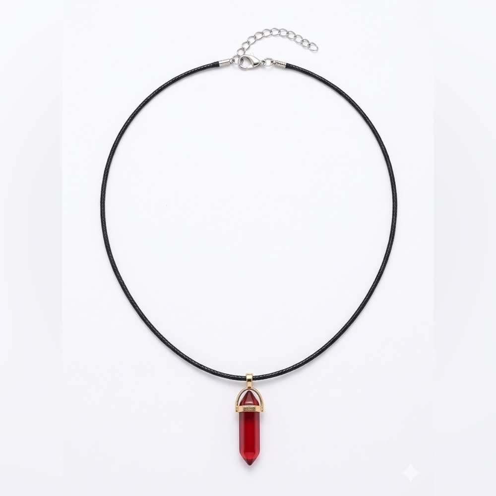 Gold Accent Black Cord Necklace with Red Handmade Resin Crystal Pendant (Unisex)